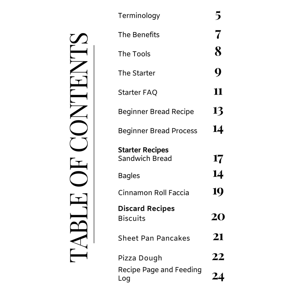 Table of contents from a sourdough baking guide, listing topics like terminology, tools, starter FAQ, recipes, and a feeding log.